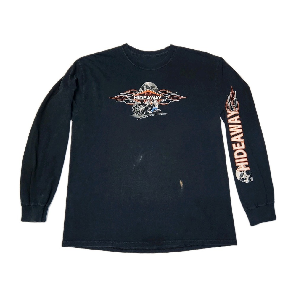 Hideaway Grill Cave Creek AZ Long Sleeve T Shirt Skull Flames Biker...